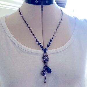 Gold and Rhinestone Cross Necklace with blue beads